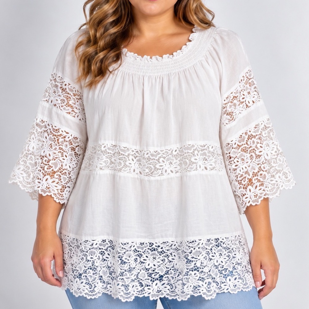 Chicos XL White Cotton Modal Tunic Top Crochet Lace Bell Sleeve Boho Peasant